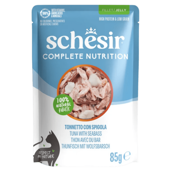 Консервы для кошек – SCHESIR Complete Nutrition Pouch, Tuna and Seabass in jelly, 85 г
