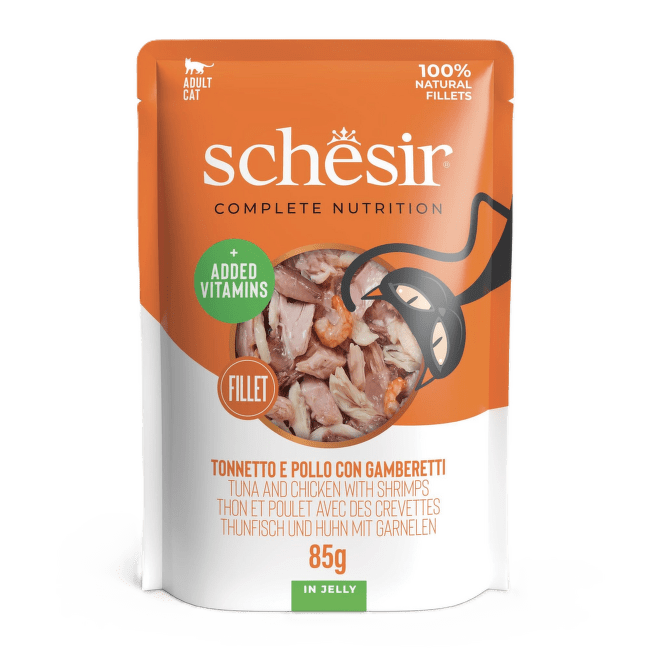 Konservi kaķiem – Schesir Complete Nutrition Tuna and Chicken with Shrimps in Jelly, 85 g