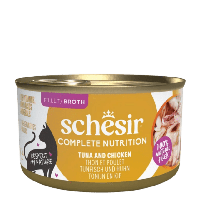 Konservi kaķiem – SCHESIR Complete Nutrition Tuna and Chicken in broth, 85 g