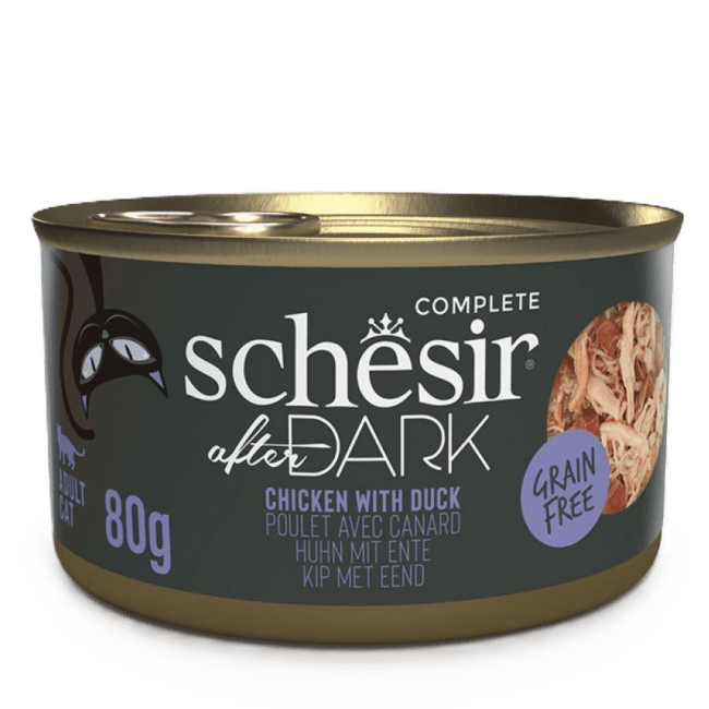 Konservi kaķiem – Schesir After Dark Chicken with Duck in Broth, 80 g