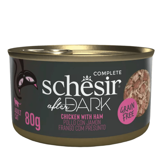 Konservi kaķiem – Schesir After Dark Chicken with Ham in Broth, 80 g