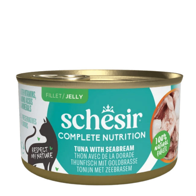 Konservi kaķiem – SCHESIR Complete Nutrition Tuna and Seabream in jelly, 85 g