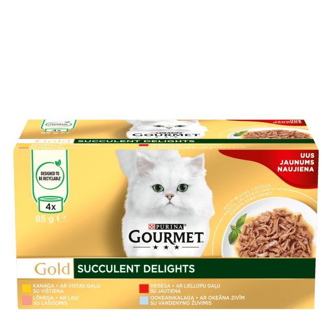 Konservi kaķiem – GOURMET Gold Succulent Delights, 4 x 85 g