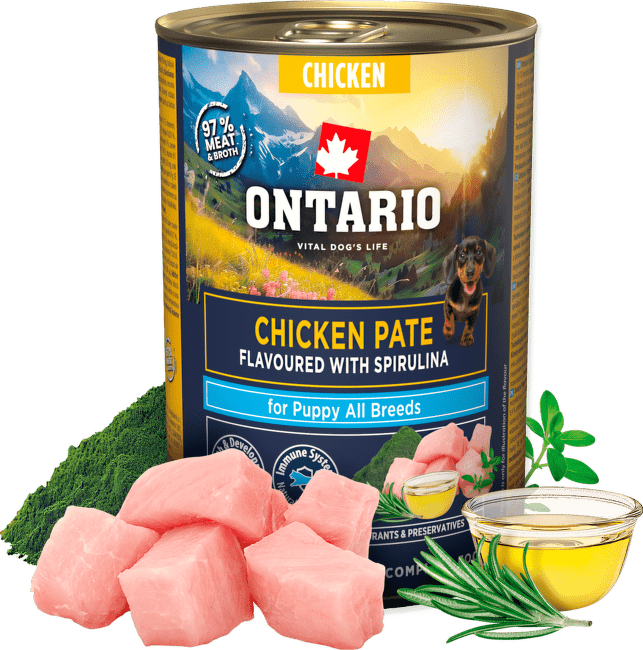 Konservi kucēniem – Ontario Puppy Chicken Pate Flavoured with Spirulina, 400 g