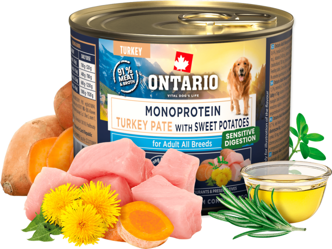 Консервы для собак – Ontario Monoprotein Adult Turkey Pate with Sweet Potatoes, 200 г