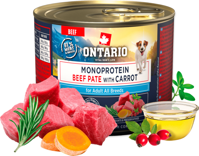 Консервы для собак – Ontario Monoprotein Adult Beef Pate with Carrot, 200 г