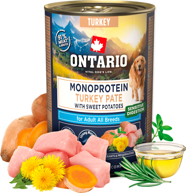 Консервы для собак – Ontario Monoprotein Adult Turkey Pate with Sweet Potatoes, 400 г