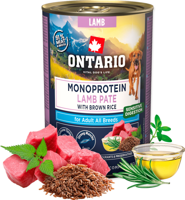 Konzerva Ontario Adult Monoprotein jahňacie pate s hnedou ryžou 400g