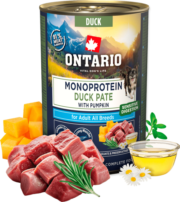 Konservi suņiem – Ontario Monoprotein Adult Duck Pate with Pumpkin, 400 g
