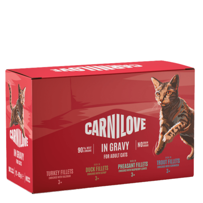 Konservi kaķiem – CARNILOVE Cat Pouch Gravy Multipack (12 x 85 g)