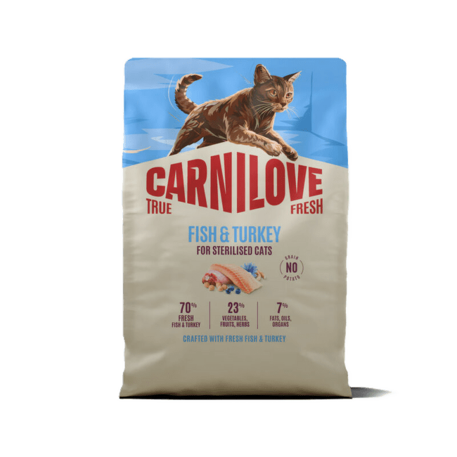 Barība kaķiem – CARNILOVE TRUE FRESH Cat Dry Sterilised Adult All Breeds Fish and Turkey 2 kg