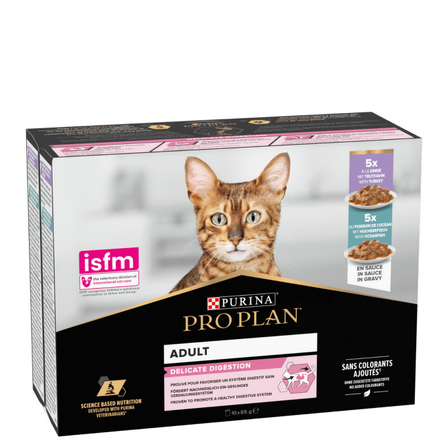 Konservi kaķiem – Pro Plan Delicate Digestion (tītars/okeāna zivis), 10 x 85 g
