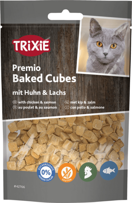 Gardums kaķiem – Premio Baked Cubes with Chicken and Salmon, 50 g