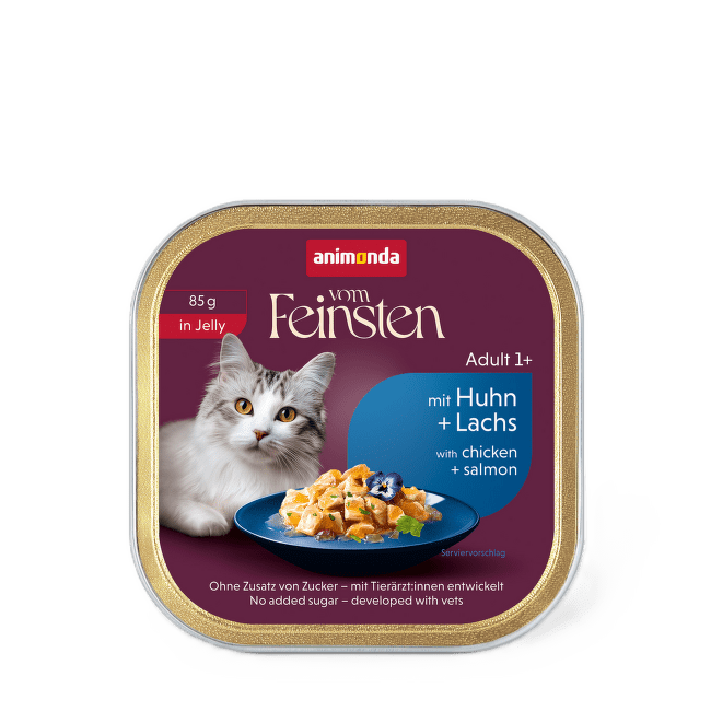 Konservi kaķiem – VomFeinsten Adult in jelly with chicken + salmon, 85 g