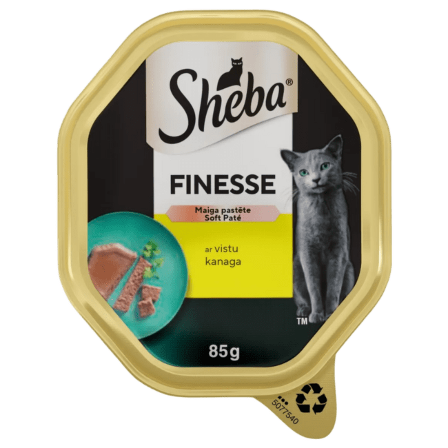 Konservi kaķiem – Sheba Tray Finesse ar vistu, 85 g