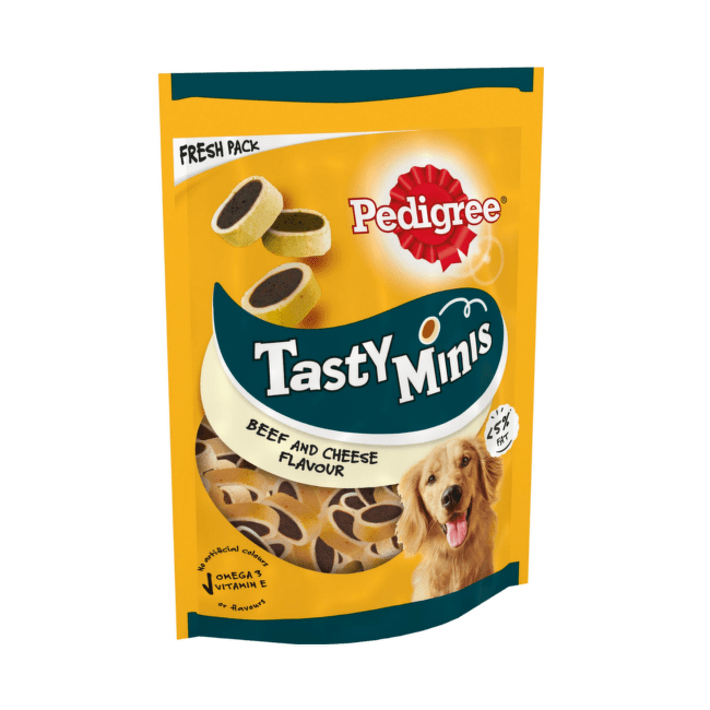 Gardums suņiem – Pedigree Tasty Minis, Beef and Cheese, 140 g