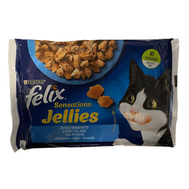 Konservi kaķiem – FELIX SENSATIONS Jellies, zivju izlase, 4 x 85 g