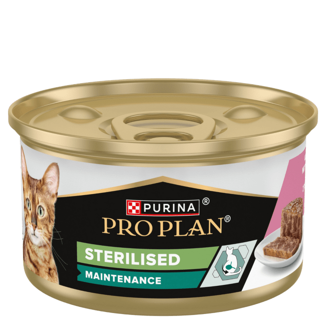 Konsērvi kaķiem – PRO PLAN Adult Sterilised, ar tunci un lasi, 85 g