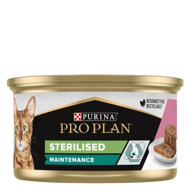 Konsērvi kaķiem – PRO PLAN Adult Sterilised, ar tunci un lasi, 85 g