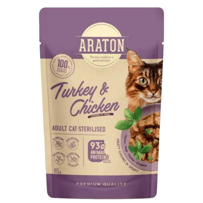Konservi kaķiem – Araton Adult Cats, Sterilised, Turkey and Chicken, 85 g