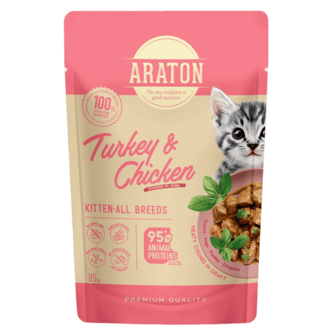 Konservi kaķēniem – Araton Kitten, Turkey and Chicken,  85 g