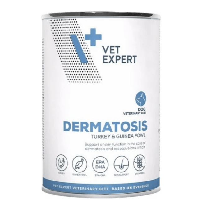 Ветеринарные консервы для собак – Vet Expert 4T VD DERMATOSIS индейка и цесарка 400 г