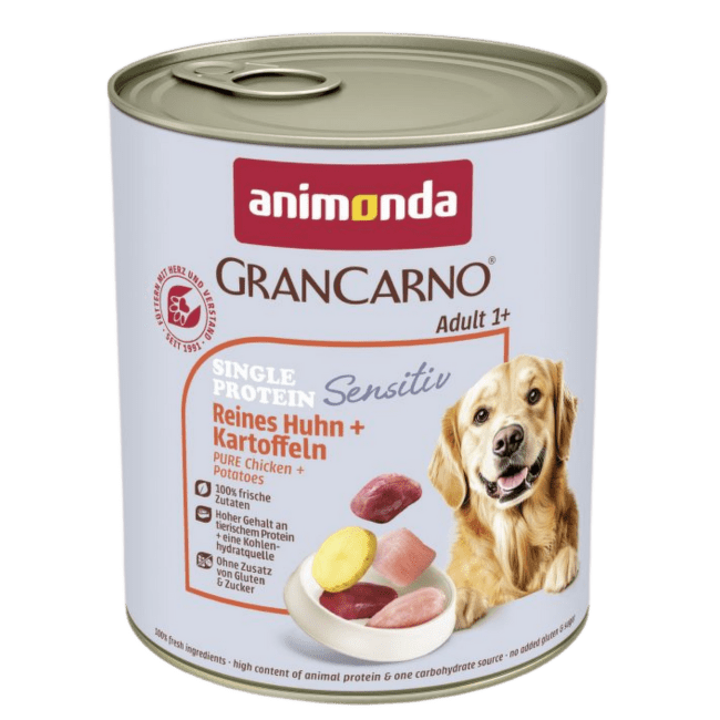 Konservi suņiem – GranCarno Adult Single Protein Sensitive Pure Chicken and Potatoes, 800 g