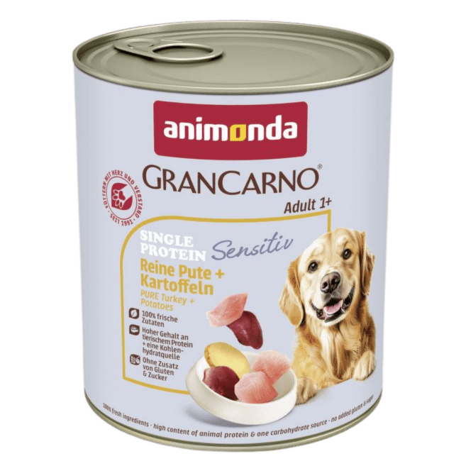 Konservi suņiem – GranCarno Adult Single Protein Sensitive Pure Turkey and Potatoes, 800 g