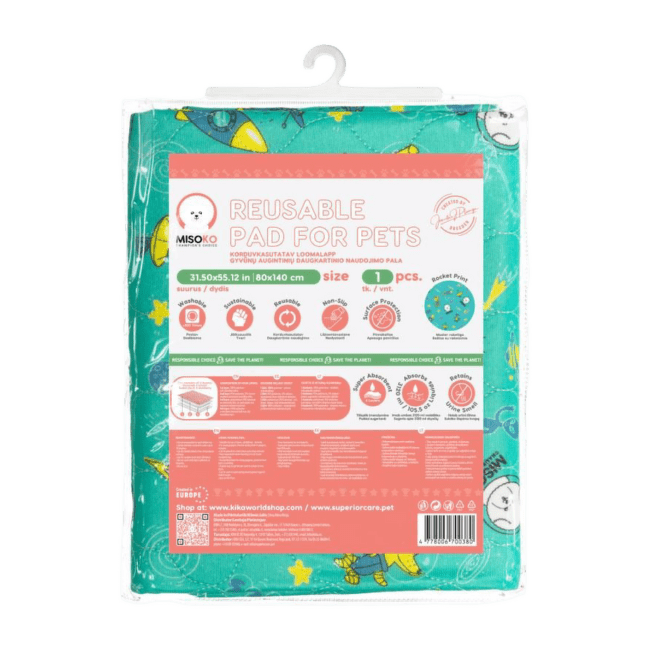 Atkārtoti lietojams absorbējošais paladziņš – MISOKO Reusable dog pad, 80 x 140 cm, mint