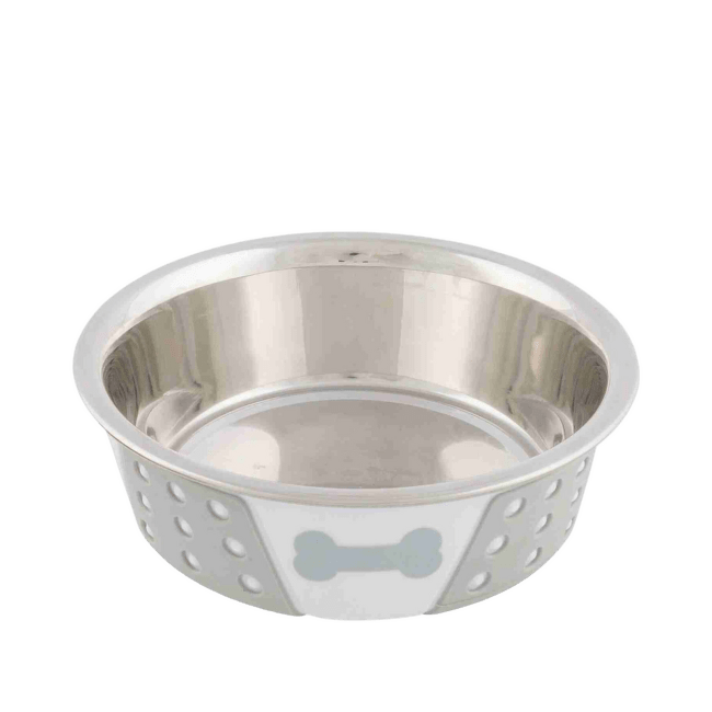 Bļoda suņiem – TRIXIE Stainless Steel Bowl with Silicone, 0,4 l/14 cm, White/Grey