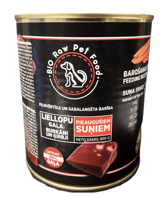 Konservi suņiem – Bio Raw Pet Food – Liellopa gaļa, burkāni un ķirbji 800 g