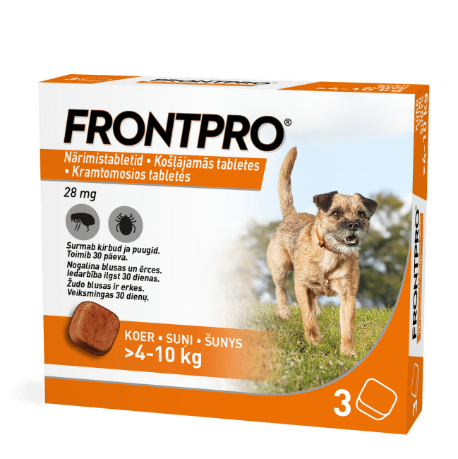 Pretblusu un pretērču tabletes suņiem – FrontPro 28 mg, 4-10 kg, 3 tabletes