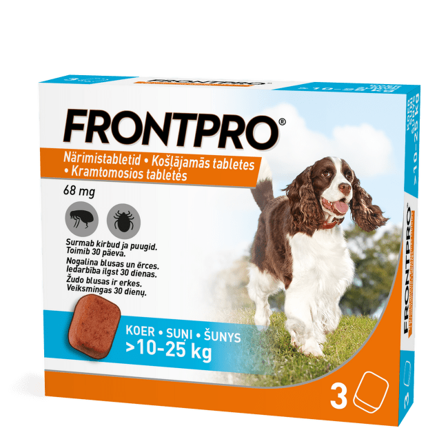 Pretblusu un pretērču tabletes suņiem – FrontPro 68 mg, 10-25 kg, 3 tabletes