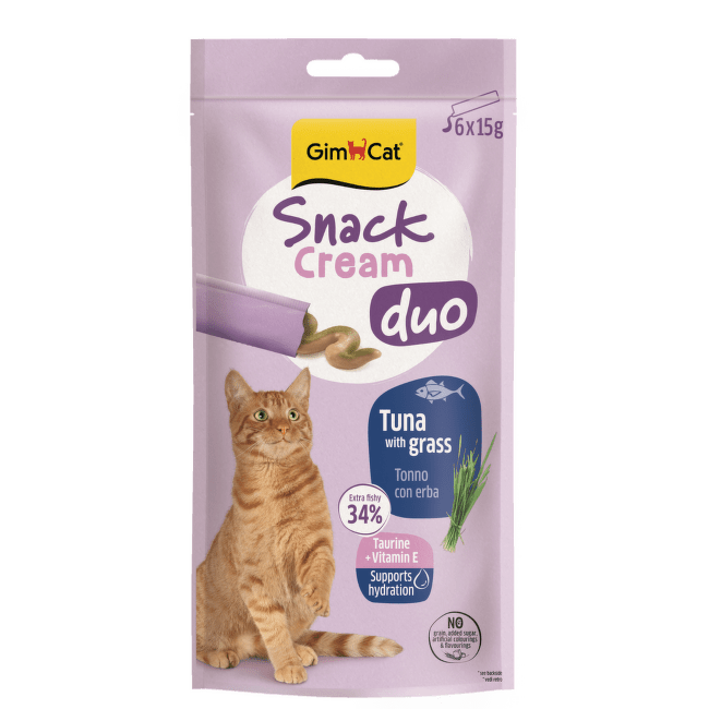 Gardums kaķiem – GimCat SNACK CREAM DUO, Tuna and Grass, 6 x 15 g