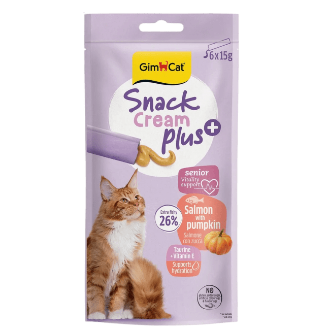 Gardums kaķiem – GimCat SNACK CREAM+ (SENIOR), Salmon and Pumpkin, 6 x 15 g
