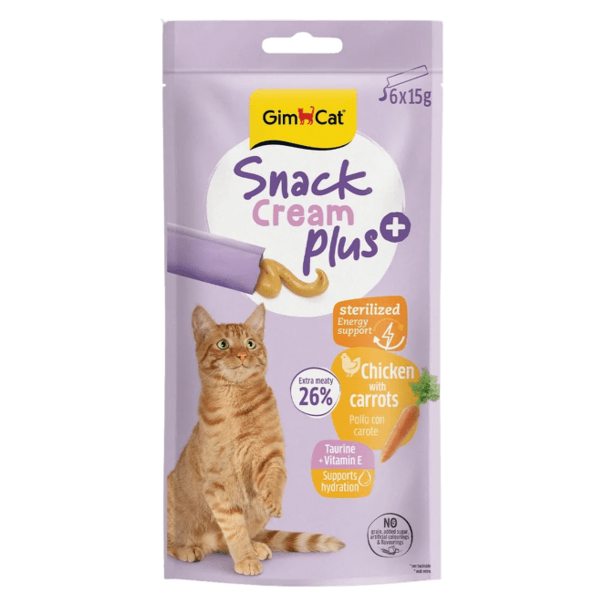 Gardums kaķiem – GimCat SNACK CREAM+ (STERILISED), Chicken and Carrot, 6 x 15 g