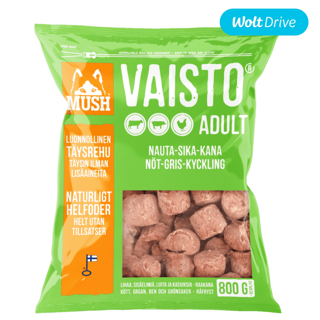 Saldēta suņu barība – MUSH Vaisto Green, liellops/cūkgaļa/vista, 800 g