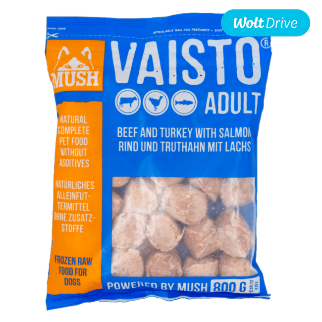 Saldēta suņu barība – MUSH Vaisto Blue, liellops/tītars/lasis, 800 g