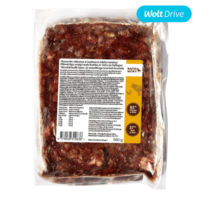 Saldēta barība – Rafus Menu, Complete chicken and beef raw food for dog, 500 g