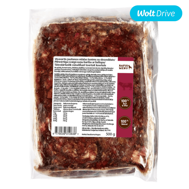 Замороженное питание для собак – Rafus Menu, Complete beef and tripe raw food for dog, 500 г