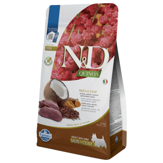 Barība suņiem – N&D Quinoa Dog Skin, Coat Venison and Coconut Adult Mini, 800 g
