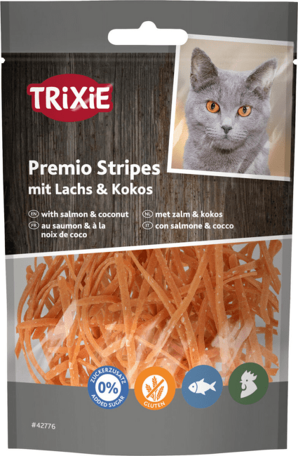 Gardums kaķiem – Premio Stripes with Salmon and Coconut, 50 g