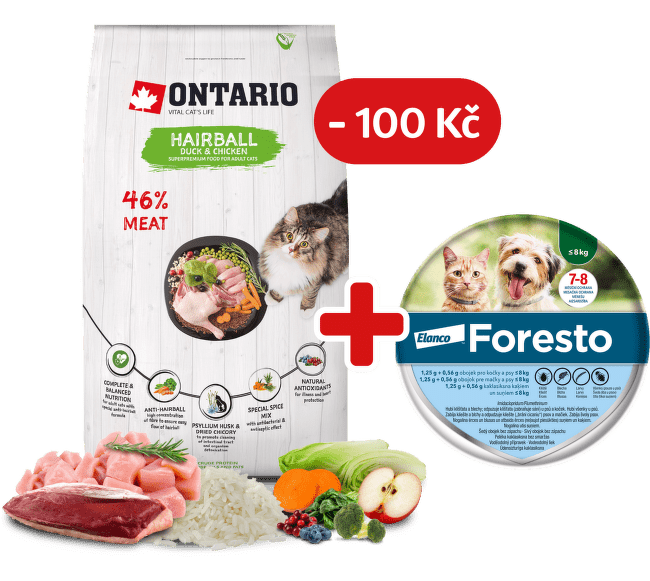 Ontario Cat Hairball 6,5 kg + obojek Foresto pro kočky se slevou 100 Kč