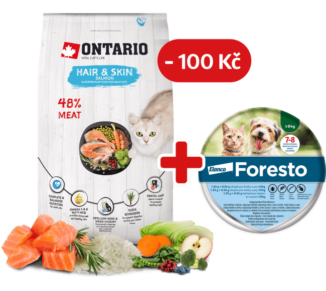 Ontario Cat Hair & Skin 6,5 kg + obojek Foresto pro kočky se slevou 100 Kč