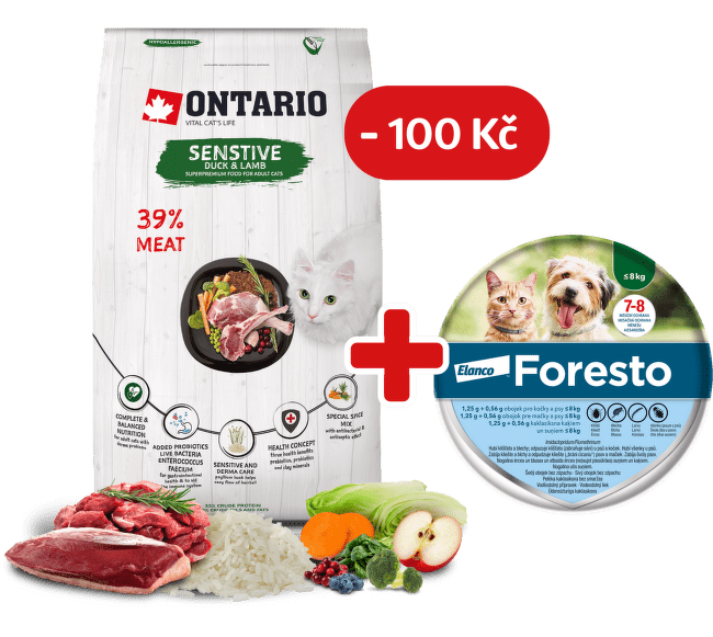 Ontario Cat Sensitive/Derma 6,5 kg + obojek Foresto pro kočky se slevou 100 Kč