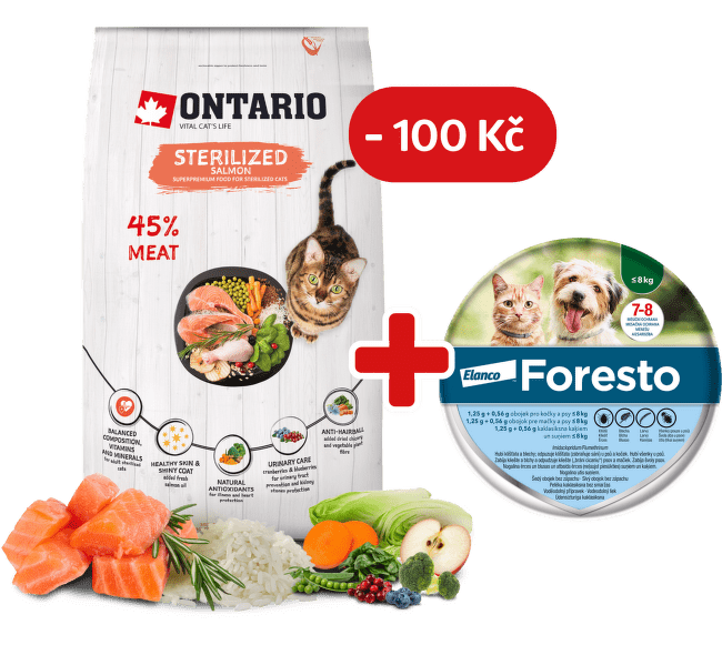 Ontario Cat Sterilised Salmon 6,5 kg + obojek Foresto pro kočky se slevou 100 Kč