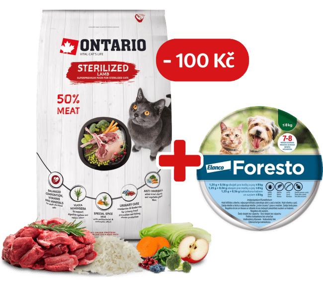 Ontario Cat Sterilised Lamb 6,5 kg + obojek Foresto pro kočky se slevou 100 Kč