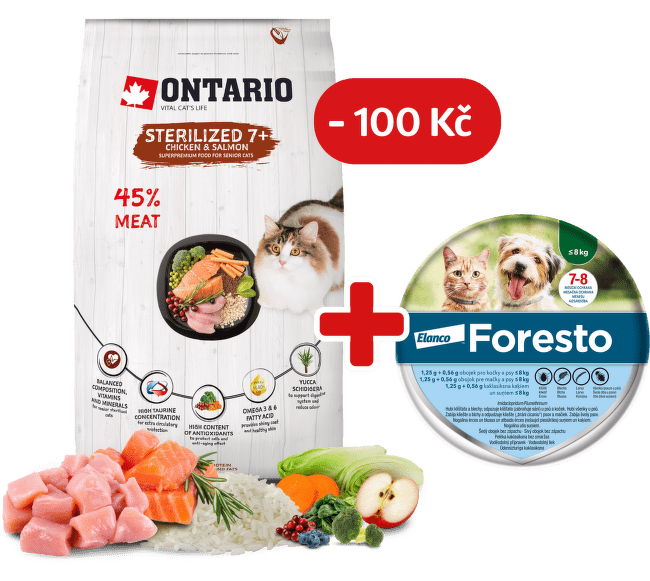 Ontario Cat Sterilised 7+ Senior 6,5kg + obojek Foresto pro kočky se slevou 100 Kč