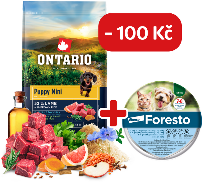 Ontario Puppy Mini Lamb & Brown Rice 6,5kg + obojek Foresto pro malé psy se slevou 100 Kč