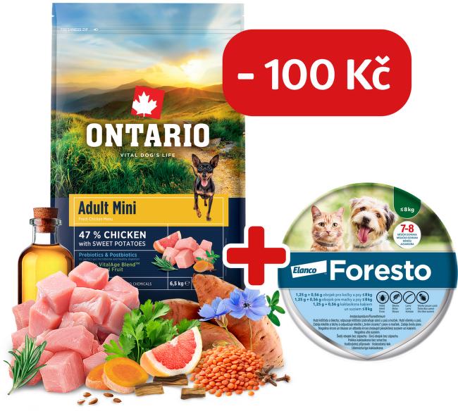 Ontario Adult Mini Chicken & Sweet Potatoes 6,5kg Ontario Puppy Mini Lamb & Brown Rice 20kg + obojek Foresto pro malé psy se slevou 100 Kč
